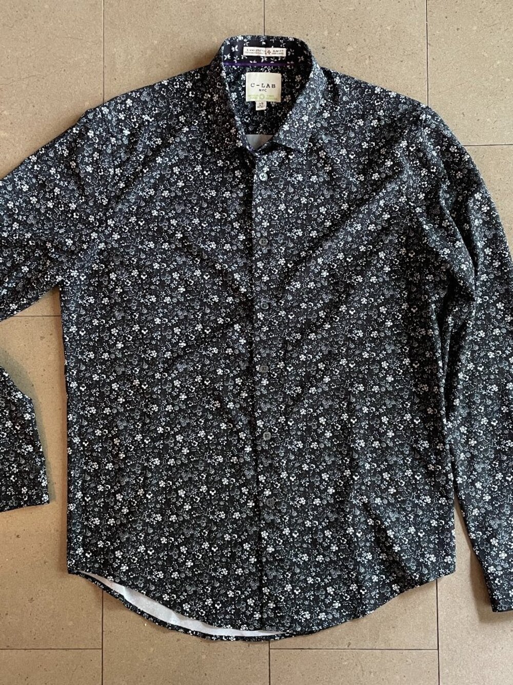 Men's Floral C-LAB Shirt-Navy Blue and White-Large 16"-34-35"